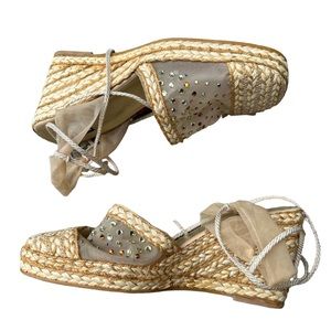 Y2K Stuart Weitzman sheer crystal embellished ankle tie espadrille wedges